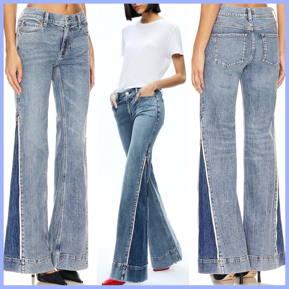 Alice + Olivia Rey Side Zipper Blue Off White Wide Leg Jeans - Picture 4 of 16